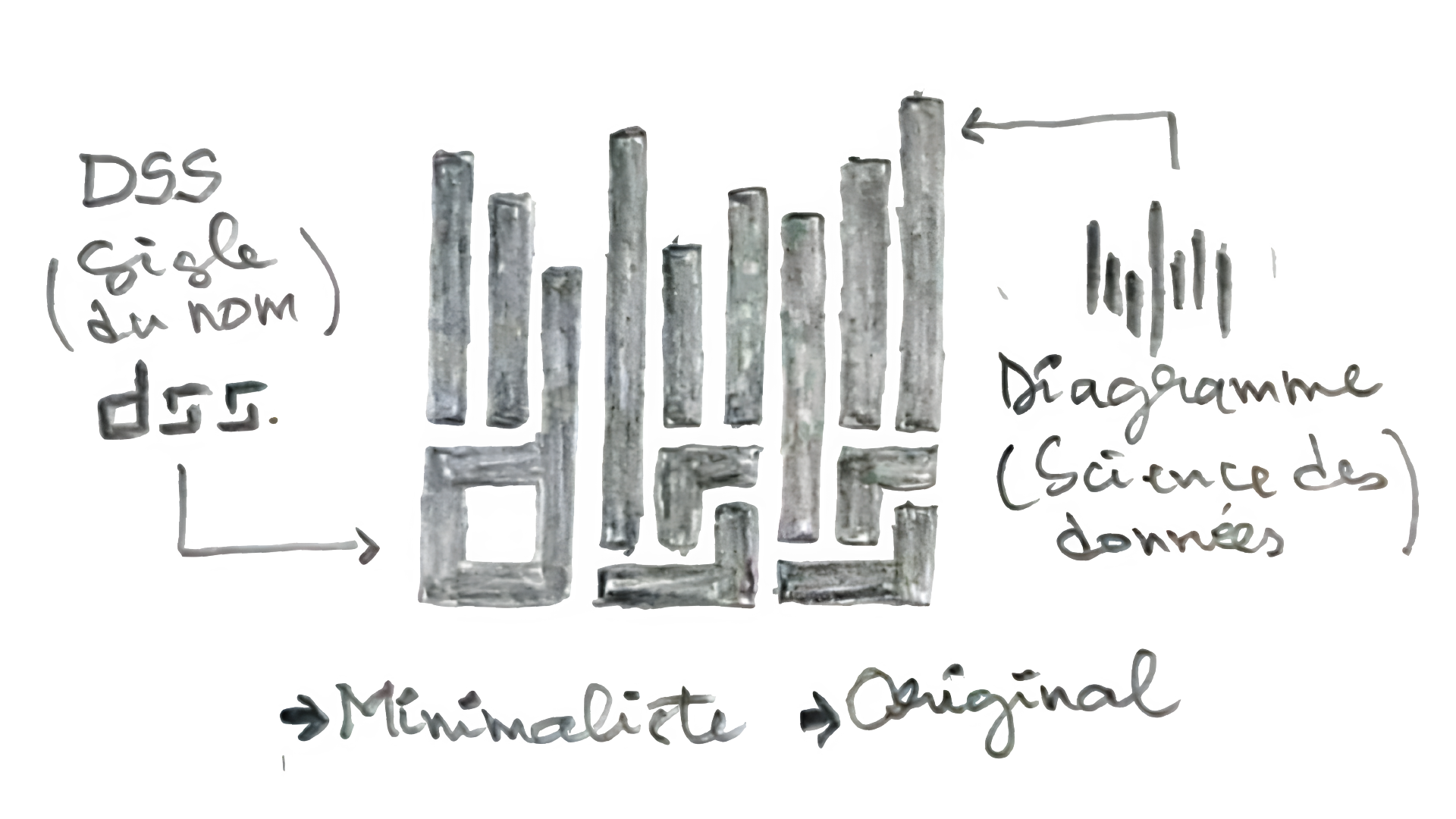 Croquis du logo DSS avec annotations montrant la fusion entre monogramme et diagramme